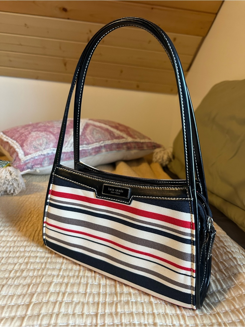 Vintage Kate Spade Red, Navy and Cream Striped Shoulder Bag